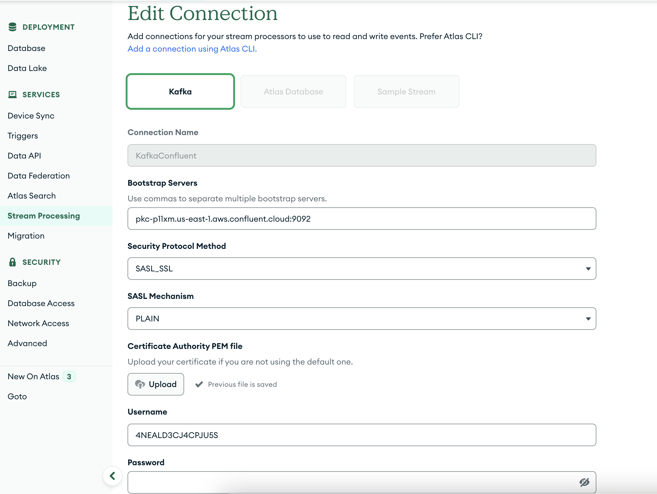 Stream Processing connection registry settings